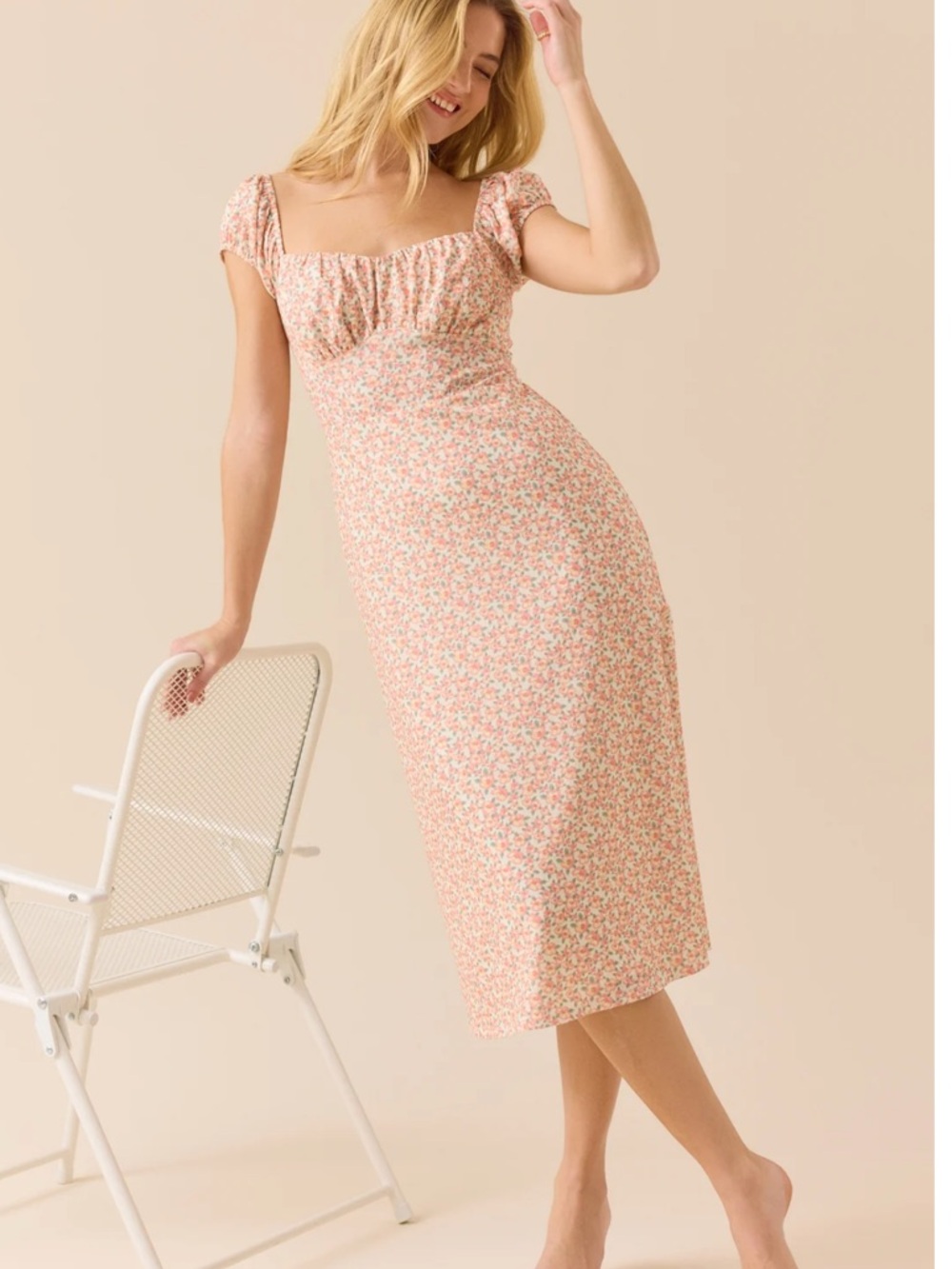 NWT- Altar'd State Peach & Cream Floral Square-Neck Puff Sleeve Midi Dress